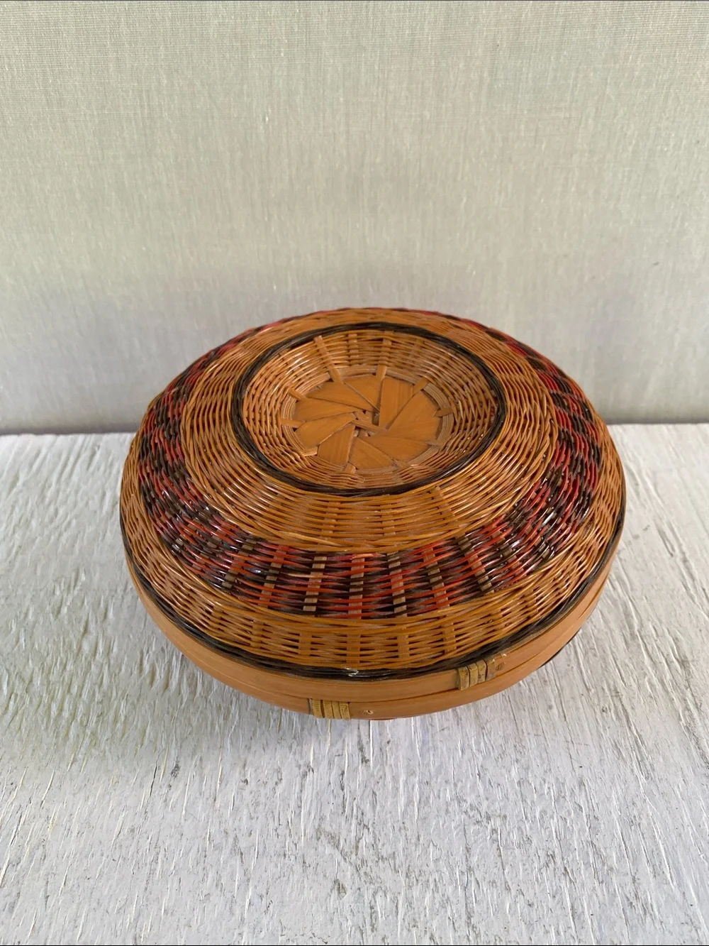 Handwoven Round Wicker/Bamboo Decorative Box - Brown with Red and Black Accents